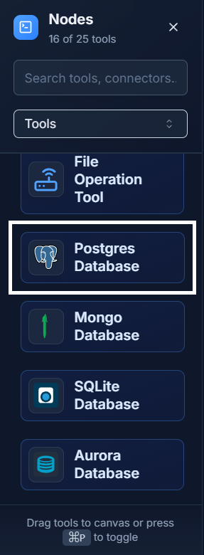 The Postgres Database Tool in the tool palette