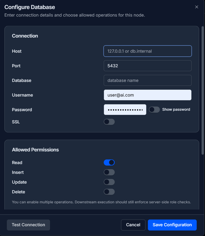 The connection details section of the Postgres configuration panel