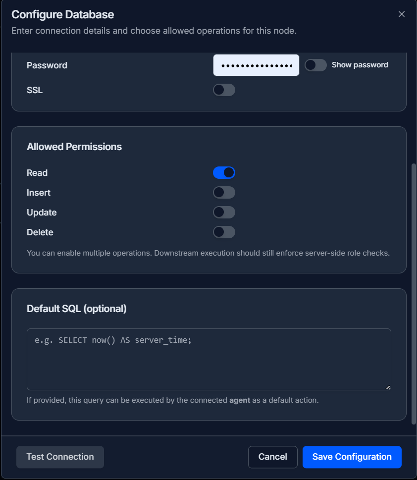 The permissions and default SQL section of the Postgres configuration panel