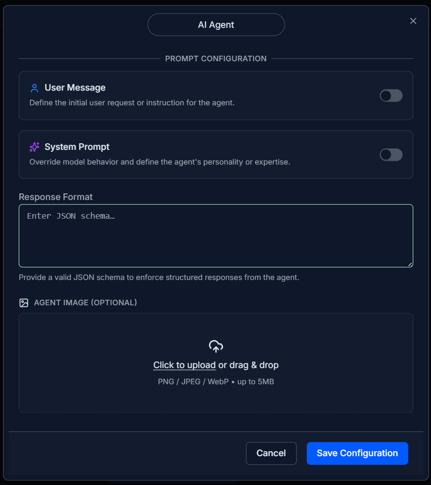 Ai Agent settings panel showing User Message, System Prompt, and Response Format fields