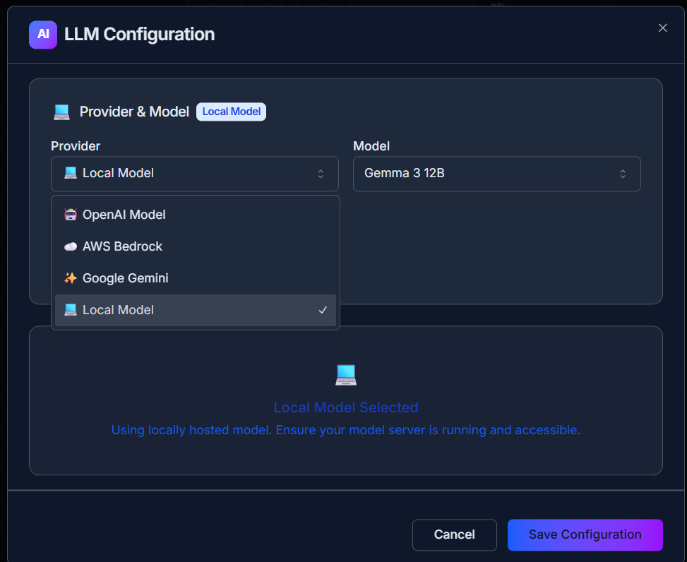 LLM Configuration panel